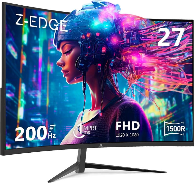 Z Z-Edge شاشة الألعاب Z-Edge UG27 بحجم 27 بوصة وشكل منحني، بنسبة عرض إلى ارتفاع 16:9، دقة 1920x1080، وتردد عرض 200 هرتز، وزمن استجابة سريع 1 مللي ثانية، شاشة LED بدون إطار، تدعم تقنية AMD Freesync Premium، مع منافذ DP 1.4 وHDMI 2.0، مناسبة لأجهزة PS5 وXbox. - Image 1