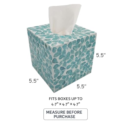 PEMAR Handcrafted Wooden Tissue Box Cover for Small Cube Tissue Boxes Only (Max Inner Size 4.7”) – Capiz Shell Inlay Decorative Tissue Holder for Bathroom, Living Room & Office (Teal Vines) - Image 4