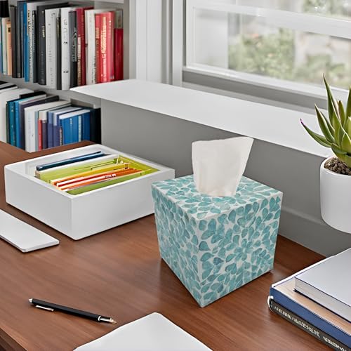 PEMAR Handcrafted Wooden Tissue Box Cover for Small Cube Tissue Boxes Only (Max Inner Size 4.7”) – Capiz Shell Inlay Decorative Tissue Holder for Bathroom, Living Room & Office (Teal Vines) - Image 5