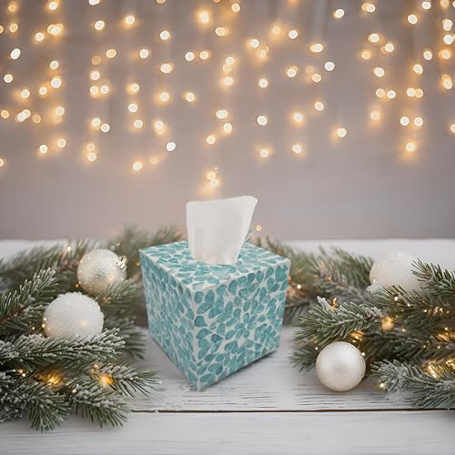 PEMAR Handcrafted Wooden Tissue Box Cover for Small Cube Tissue Boxes Only (Max Inner Size 4.7”) – Capiz Shell Inlay Decorative Tissue Holder for Bathroom, Living Room & Office (Teal Vines) - Image 2
