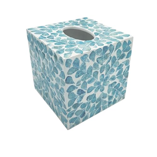 PEMAR Handcrafted Wooden Tissue Box Cover for Small Cube Tissue Boxes Only (Max Inner Size 4.7”) – Capiz Shell Inlay Decorative Tissue Holder for Bathroom, Living Room & Office (Teal Vines) - Image 1