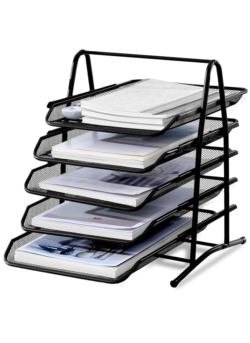 SKY-TOUCH 5 Tier Paper Tray Desktop Organizer File Storage with Sliding Tray Stackable File Rack Metal Mesh Letter Trays for Office Study Room School Desktop Organization Black  - Image 1