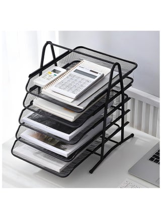 5 Tier Paper Tray Desktop Organizer File Storage with Sliding Tray Stackable File Rack Metal Mesh Letter Trays for Office Study Room School Desktop Organization Black - view 2