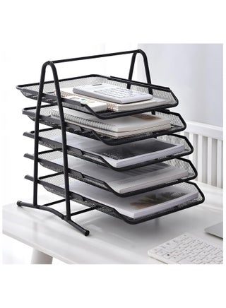 5 Tier Paper Tray Desktop Organizer File Storage with Sliding Tray Stackable File Rack Metal Mesh Letter Trays for Office Study Room School Desktop Organization Black - view 3