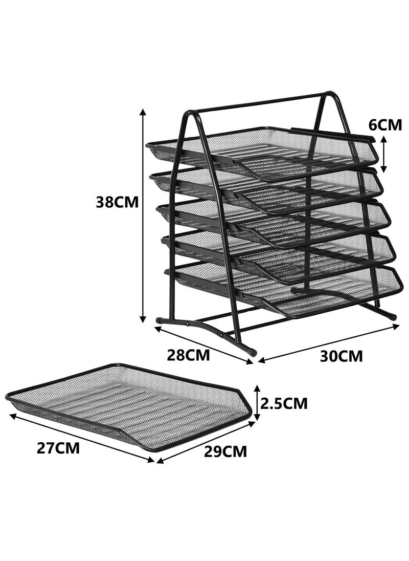 SKY-TOUCH - 5 Tier Paper Tray Desktop Organizer File Storage with Sliding Tray Stackable File Rack Metal Mesh Letter Trays for Office Study Room School Desktop Organization Black - Image 1