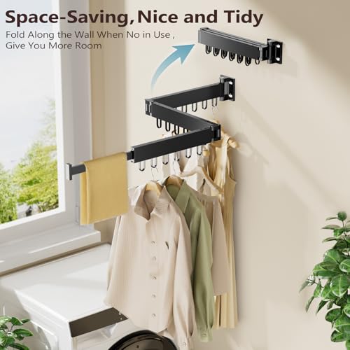 JAUREE Clothes Drying Rack Wall Mounted SpaceSaving Drying Rack Clothing Collapsible Foldable Retractable Laundry Rack with 18 Hooks IndoorOutdoor Black - Image 3