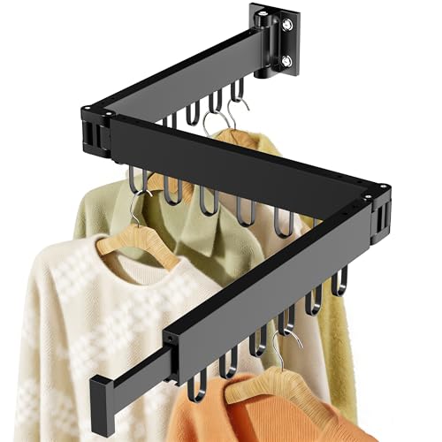 JAUREE Clothes Drying Rack Wall Mounted SpaceSaving Drying Rack Clothing Collapsible Foldable Retractable Laundry Rack with 18 Hooks IndoorOutdoor Black - Image 1