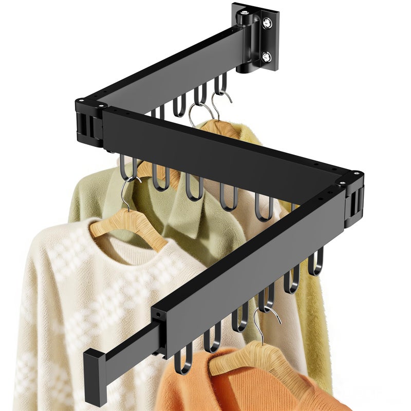 JAUREE Clothes Drying Rack Wall Mounted SpaceSaving Drying Rack Clothing Collapsible Foldable Retractable Laundry Rack with 18 Hooks IndoorOutdoor Black - Image 2