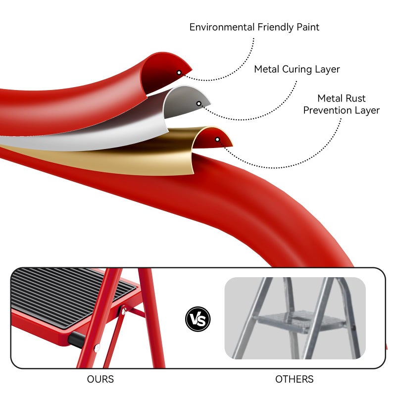 KINGRACK Step Ladder, 3 Step Ladder with with Anti-Slip and Wide Pedal,Portable Foldable Step Stool with Handgrip,Tall Sturdy Step Ladder for Home Kitchen Household,Red - Image 5