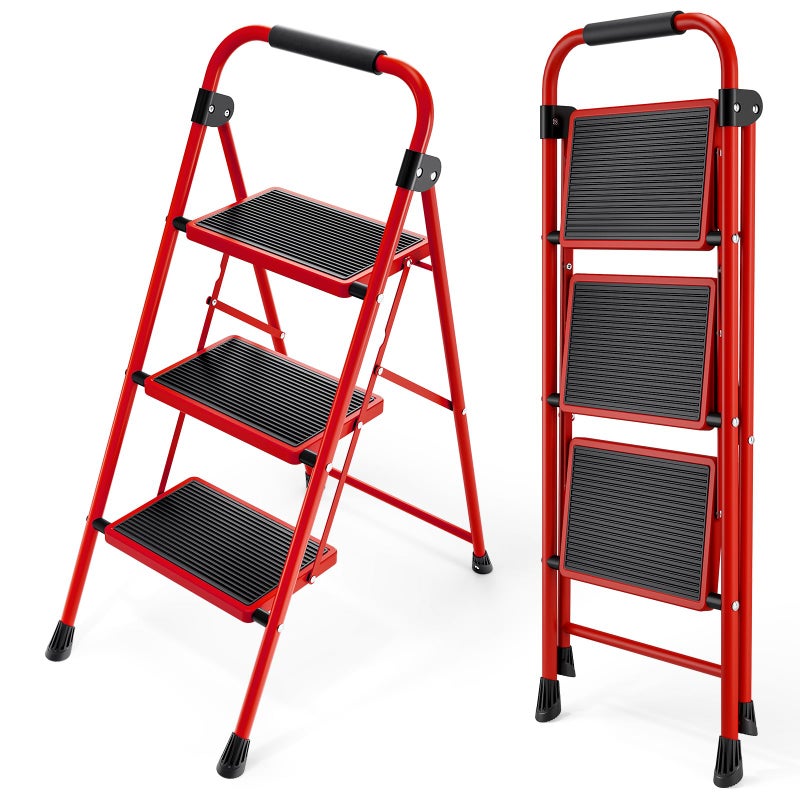 KINGRACK Step Ladder, 3 Step Ladder with with Anti-Slip and Wide Pedal,Portable Foldable Step Stool with Handgrip,Tall Sturdy Step Ladder for Home Kitchen Household,Red - Image 1