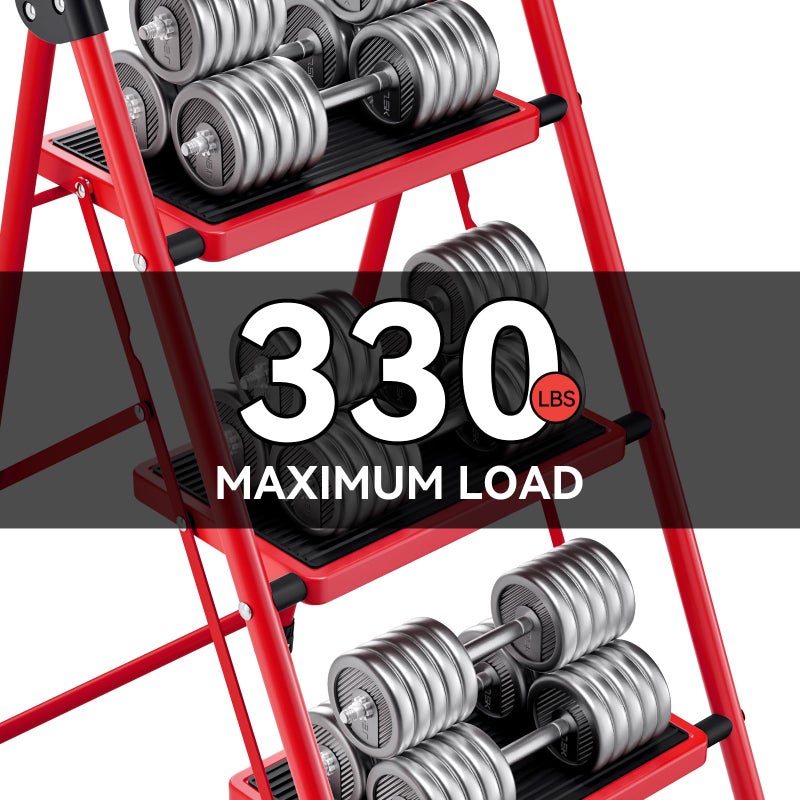 KINGRACK Step Ladder, 3 Step Ladder with with Anti-Slip and Wide Pedal,Portable Foldable Step Stool with Handgrip,Tall Sturdy Step Ladder for Home Kitchen Household,Red - Image 3