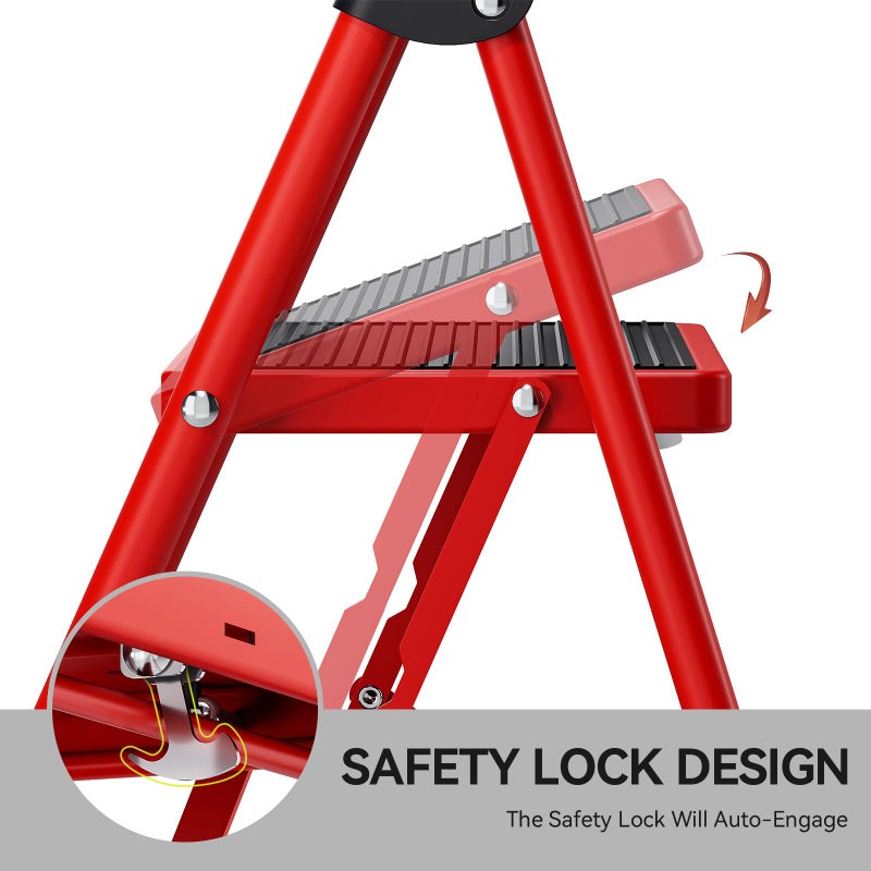 KINGRACK Step Ladder, 3 Step Ladder with with Anti-Slip and Wide Pedal,Portable Foldable Step Stool with Handgrip,Tall Sturdy Step Ladder for Home Kitchen Household,Red - Image 4