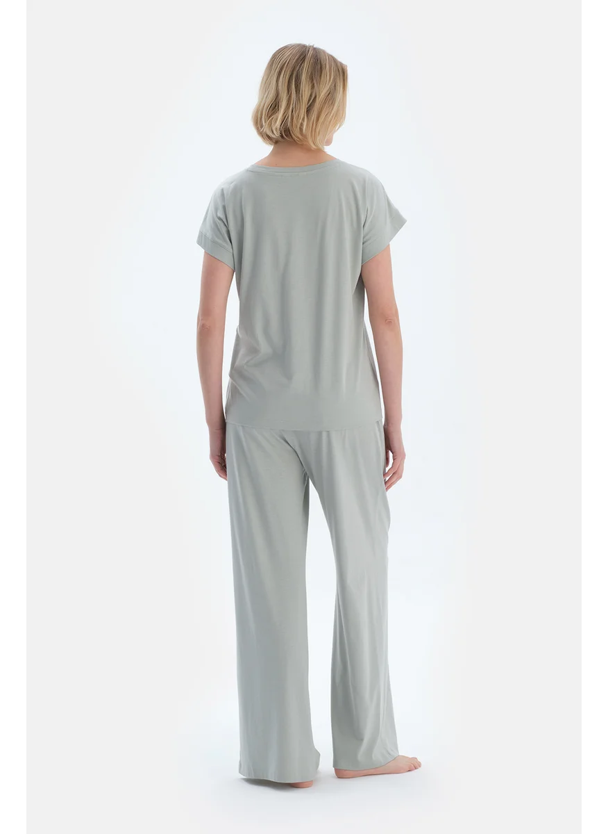 dagi T-shirt & Trousers Pajama Set Crew Neck Cotton Blend Mid Rise Regular/Classic Fit Sleepwear