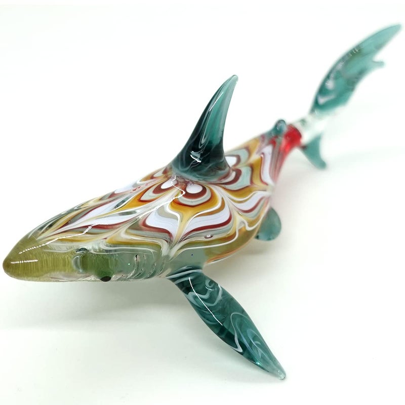Sansukjai Shark Miniature Figurines Animals Hand Painted Blown Glass Art Sea Collectible Gift Decorate 5 Inches MultiGreen