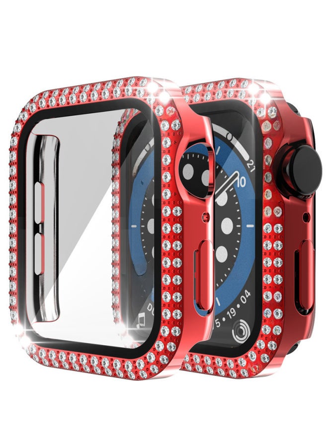 Applicable To Apple Watch Case Apple Watch All-inclusive Diamond Case Tempered Glass + Double Row Drill PC Protective Cover SE-Color:Red (drill Shell + Membrane)-Exterior Dimension:40mm(OPP Bag)  - Image 3