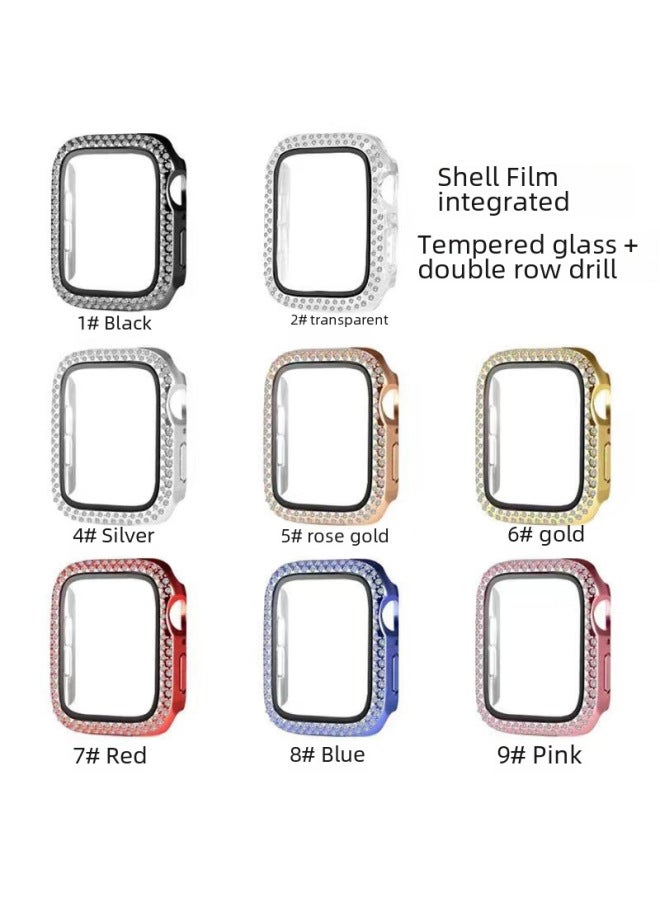 Applicable To Apple Watch Case Apple Watch All-inclusive Diamond Case Tempered Glass + Double Row Drill PC Protective Cover SE-Color:Red (drill Shell + Membrane)-Exterior Dimension:40mm(OPP Bag)  - Image 2