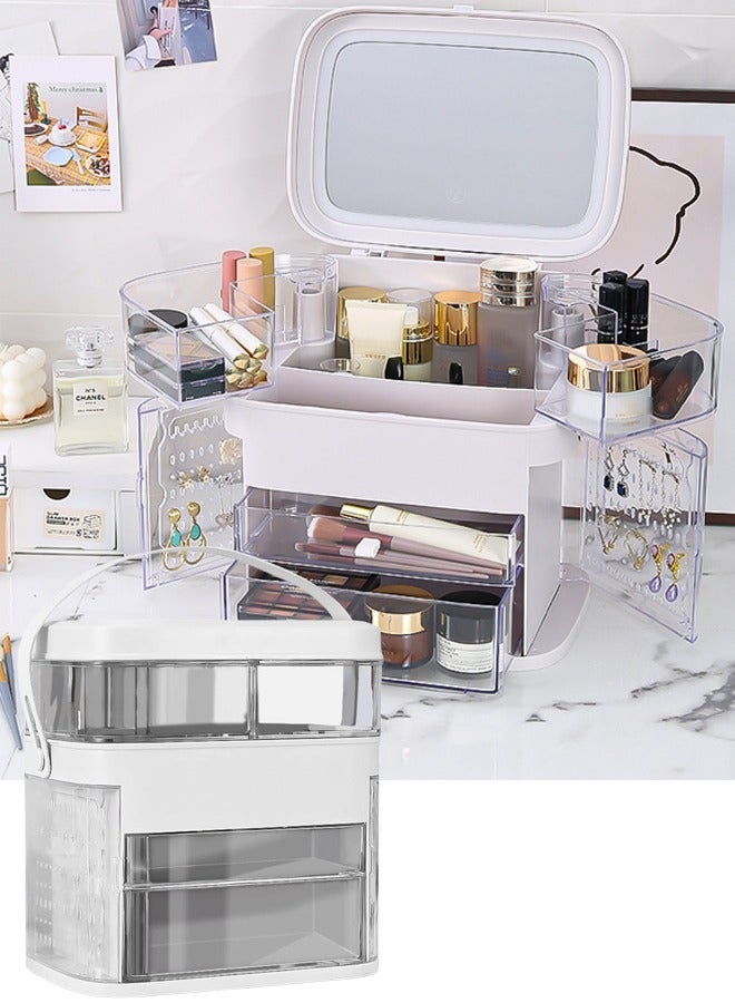 VUCATIN صندوق تخزين المكياج، صندوق تخزين مستحضرات التجميل مع مرآة مضيئة بإضاءة LED، صندوق عرض تخزين مستحضرات التجميل المحمول مع درج وغطاء شفاف، مقاوم للغبار ومقاوم للماء، مناسب لغرفة النوم والحمام - Image 1