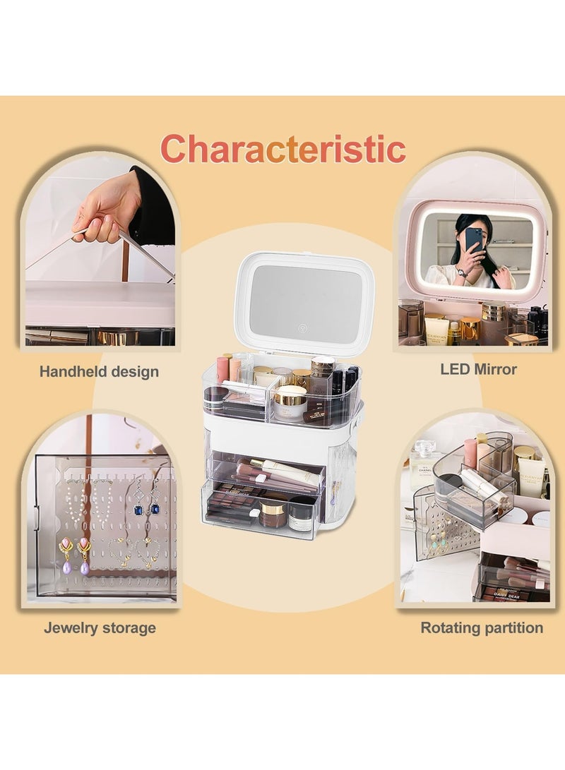 VUCATIN صندوق تخزين المكياج، صندوق تخزين مستحضرات التجميل مع مرآة مضيئة بإضاءة LED، صندوق عرض تخزين مستحضرات التجميل المحمول مع درج وغطاء شفاف، مقاوم للغبار ومقاوم للماء، مناسب لغرفة النوم والحمام - Image 2