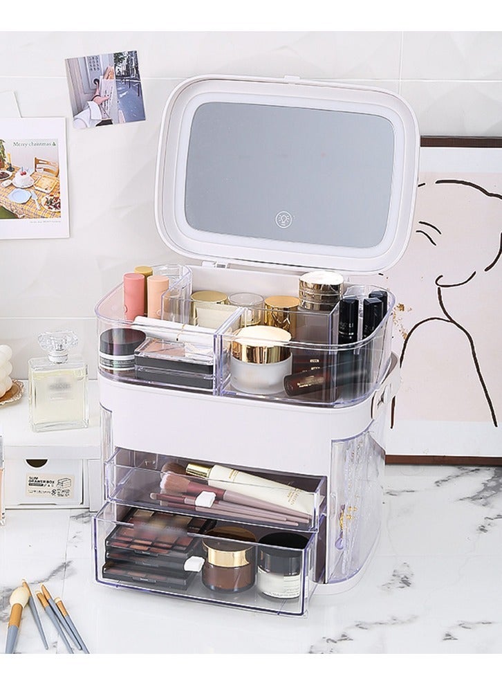 VUCATIN صندوق تخزين المكياج، صندوق تخزين مستحضرات التجميل مع مرآة مضيئة بإضاءة LED، صندوق عرض تخزين مستحضرات التجميل المحمول مع درج وغطاء شفاف، مقاوم للغبار ومقاوم للماء، مناسب لغرفة النوم والحمام - Image 5