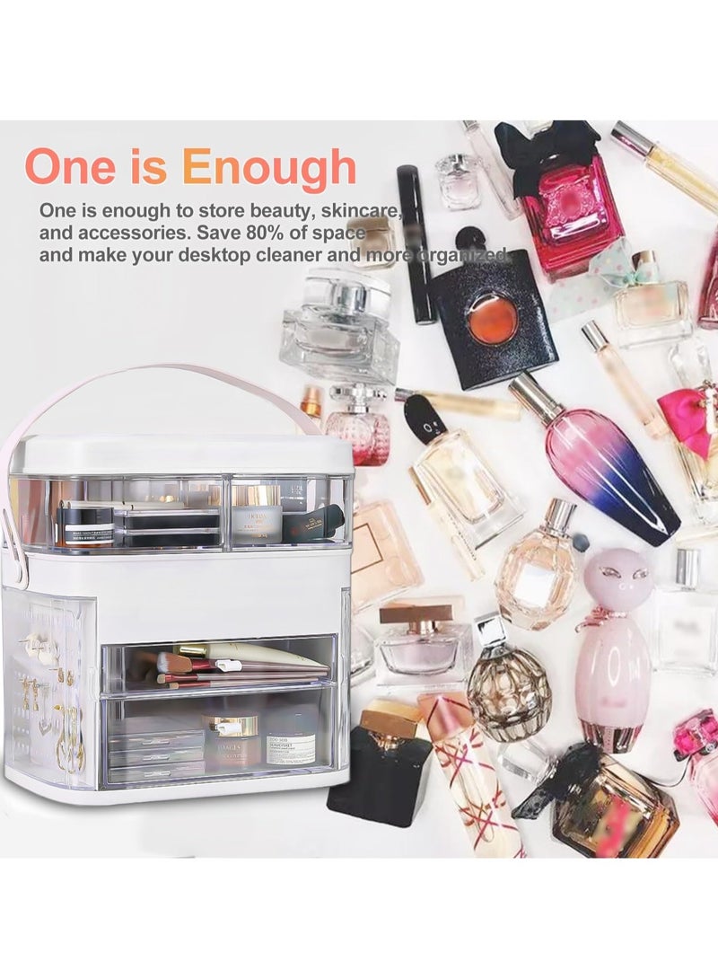 VUCATIN صندوق تخزين المكياج، صندوق تخزين مستحضرات التجميل مع مرآة مضيئة بإضاءة LED، صندوق عرض تخزين مستحضرات التجميل المحمول مع درج وغطاء شفاف، مقاوم للغبار ومقاوم للماء، مناسب لغرفة النوم والحمام - Image 4