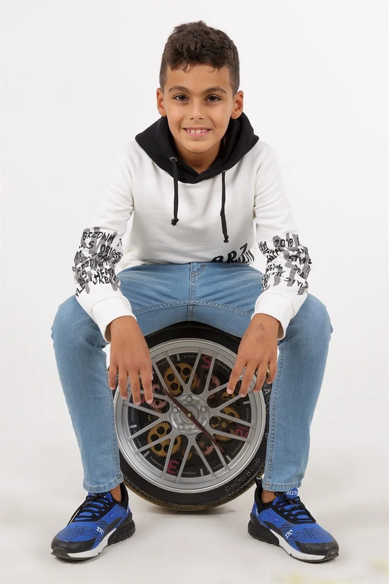BRZ Collection Ecru Color Printed Boy's Hooded Sweatshirt