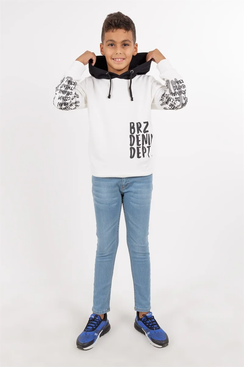 BRZ Collection Ecru Color Printed Boy's Hooded Sweatshirt
