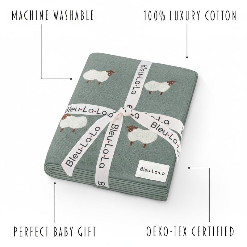 Bleu La La Knit Baby Swaddle Blanket - 100% Cotton Soft Cozy Receiving Swaddle Stroller Blanket for Shower Gift Registry for Newborns, Infants, Toddlers (Sheep - Pasture Green) - Image 4