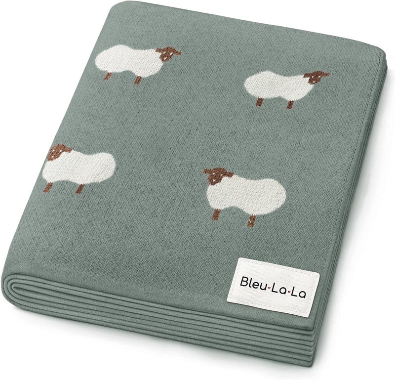 Bleu La La Knit Baby Swaddle Blanket - 100% Cotton Soft Cozy Receiving Swaddle Stroller Blanket for Shower Gift Registry for Newborns, Infants, Toddlers (Sheep - Pasture Green) - Image 1