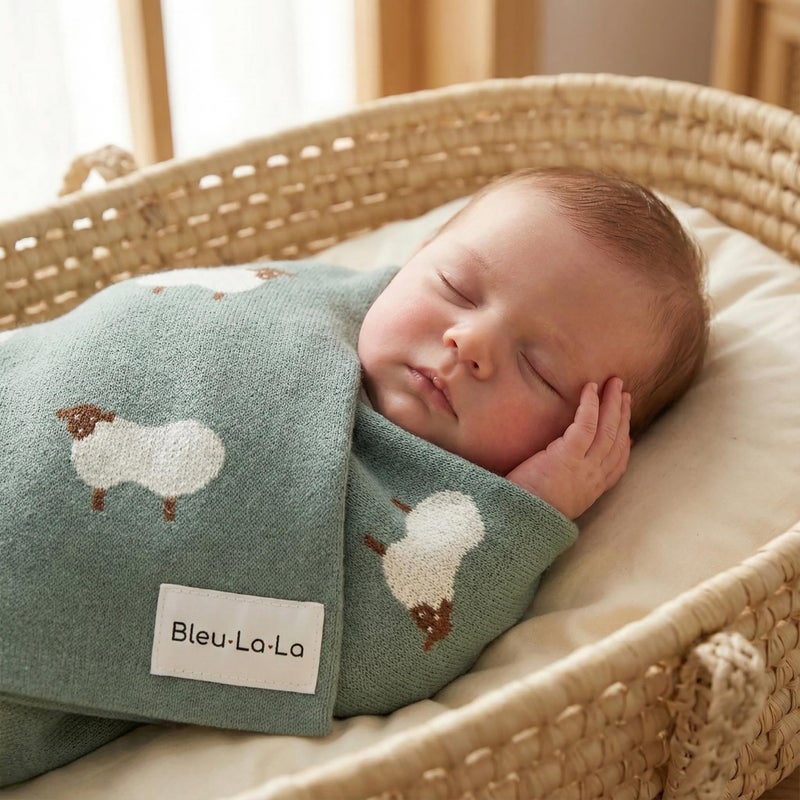 Bleu La La Knit Baby Swaddle Blanket - 100% Cotton Soft Cozy Receiving Swaddle Stroller Blanket for Shower Gift Registry for Newborns, Infants, Toddlers (Sheep - Pasture Green) - Image 2