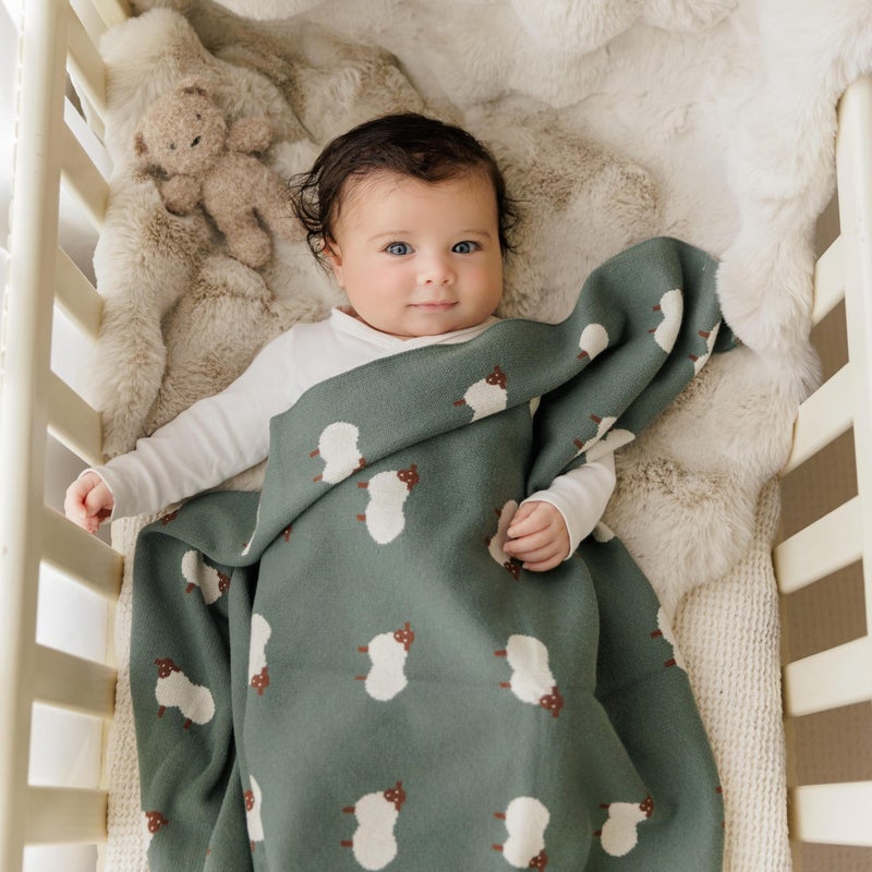 Bleu La La Knit Baby Swaddle Blanket - 100% Cotton Soft Cozy Receiving Swaddle Stroller Blanket for Shower Gift Registry for Newborns, Infants, Toddlers (Sheep - Pasture Green) - Image 3