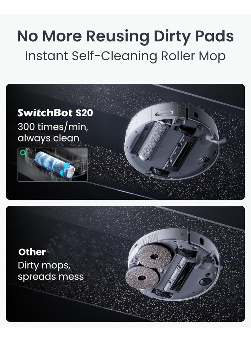 SwitchBot مكنسة كهربائية روبوتية وسادة SwitchBot S20 مع Matter، قوة شفط 10000Pa، ممسحة أسطوانية، ملاحة بالذكاء الاصطناعي، غسيل وتجفيف تلقائي للممسحة، تفريغ ذاتي - Image 2