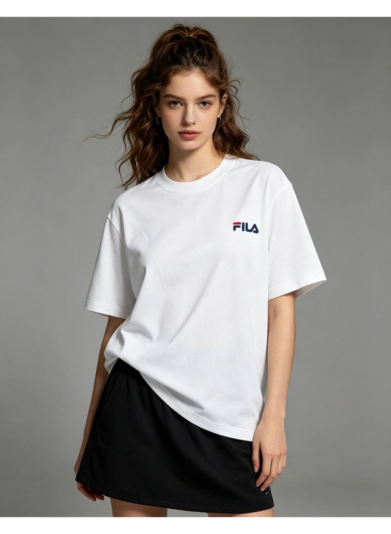 فيلا FILA الكلاسيكية مستديرة أكمام قصيرة فضفاضة على الكتف القطن الذكور والنساء القمصان العامة الترفيه 100 قميص - Image 3