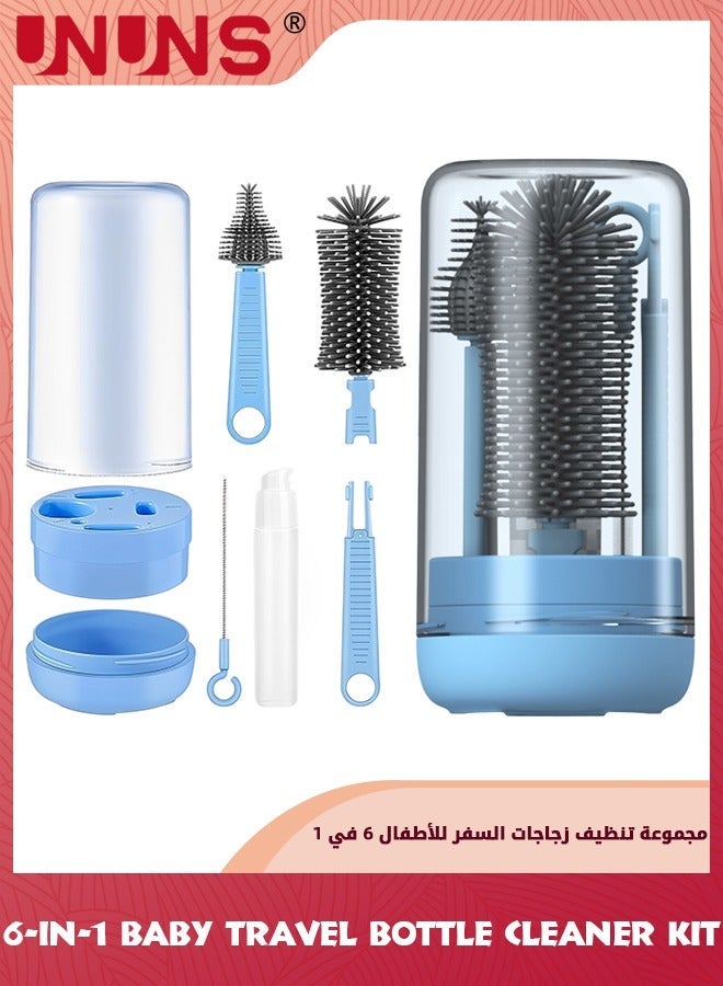 UNUNS Baby Bottle Brush Set,Travel Cleaner Kit With Extendable Silicone Brush, Nipple Brush,Straw Brush,Soap Dispenser,Dust Cap And Stand,Travel Essentials,Gift For New Moms - Image 1