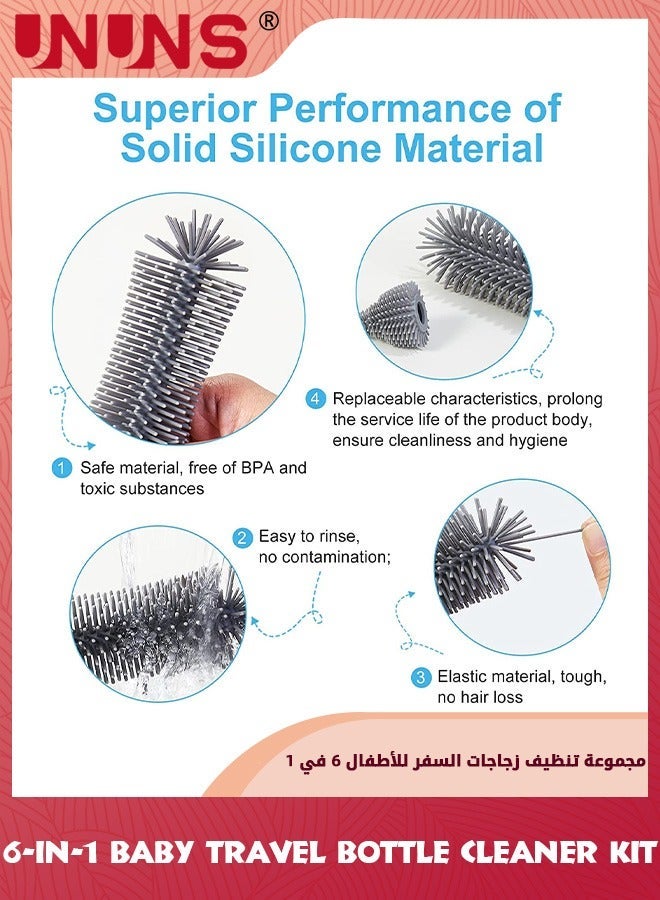 UNUNS Baby Bottle Brush Set,Travel Cleaner Kit With Extendable Silicone Brush, Nipple Brush,Straw Brush,Soap Dispenser,Dust Cap And Stand,Travel Essentials,Gift For New Moms - Image 4