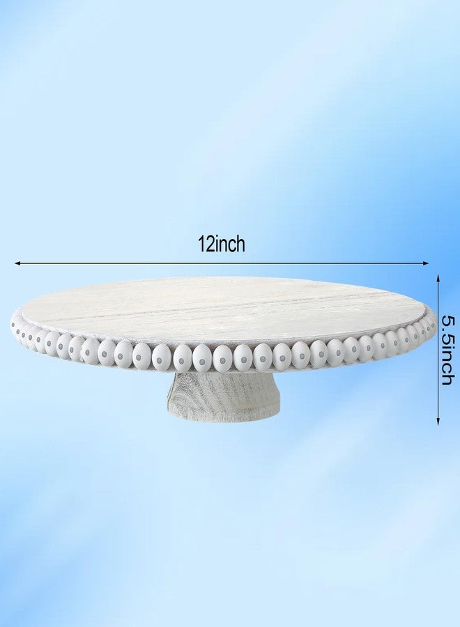 Yulejo Beaded Tabletop Cake Stand 12 Inch Decorative Wood Cake Stand White Farmhouse Dessert Holder Pedestal Wood Round Dessert Stands Display Plate Serving Tray for Table Wedding - Image 2