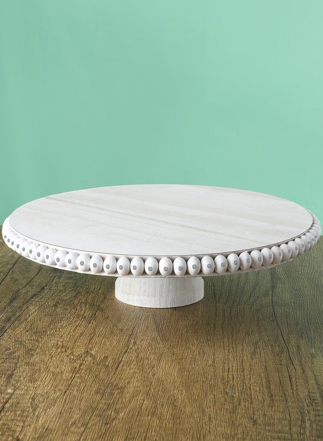 Yulejo Beaded Tabletop Cake Stand 12 Inch Decorative Wood Cake Stand White Farmhouse Dessert Holder Pedestal Wood Round Dessert Stands Display Plate Serving Tray for Table Wedding - Image 1