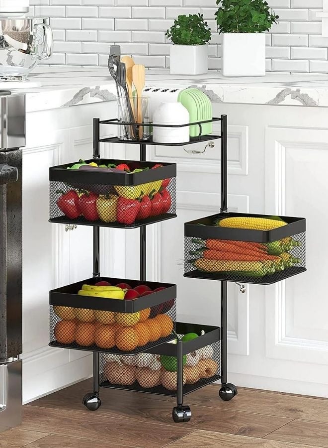 RACK STORE 4-Tier Rotating Storage Rack Multi-Layer Rotatable Square Storage Shelf Vegetable And Fruits Storage Organizer Household Shelf For Kitchen And Living Room Bathroom Space Saving Black Colour - Image 1