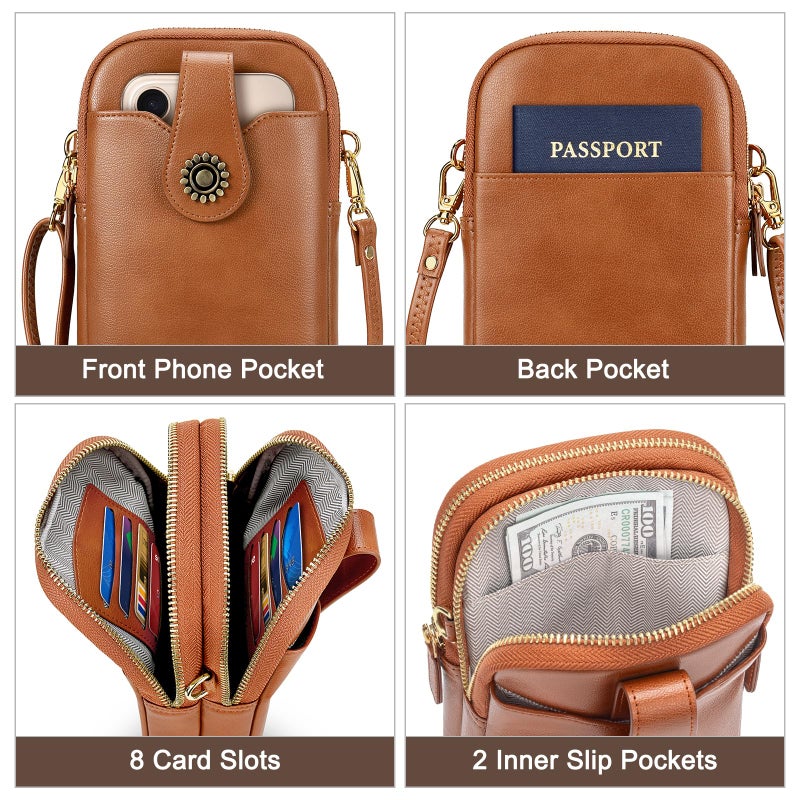 Peacocktion Small Crossbody Bags for Women Travel Vegan Leather RFID Cell Phone Wallet Purses Trendy with Zipper Brown - Image 4