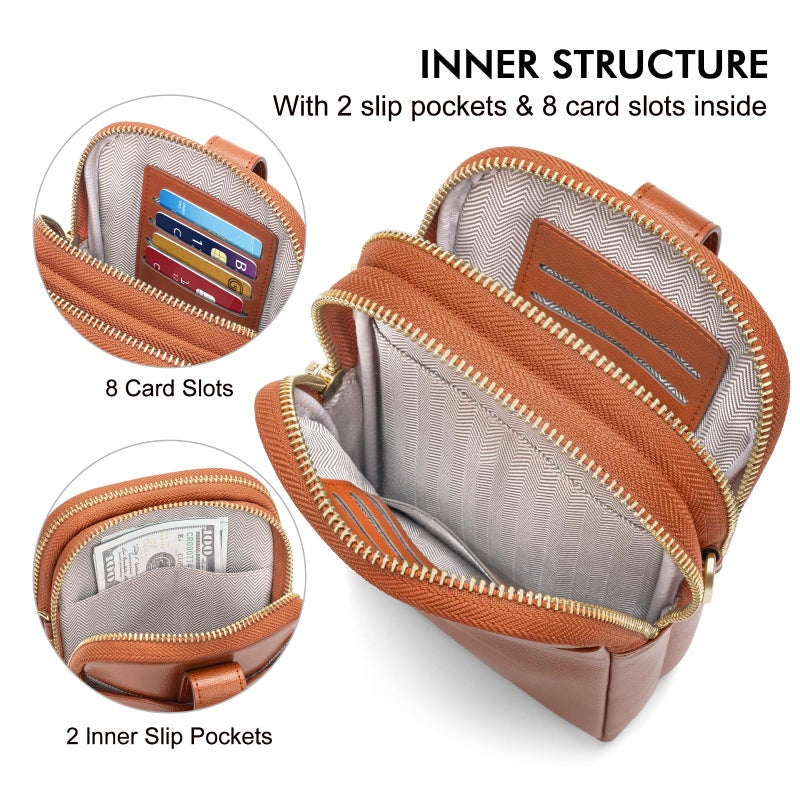 Peacocktion Small Crossbody Bags for Women Travel Vegan Leather RFID Cell Phone Wallet Purses Trendy with Zipper Brown - Image 3
