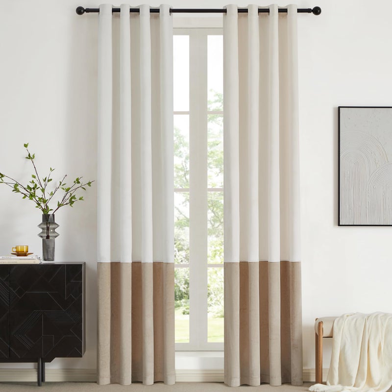 BULBUL Color Block Window Curtains Panels 96 inches Long Cream Ivory Champagne Velvet Farmhouse Drapes for Bedroom Living Room Darkening Treatment with Grommet Set of 2