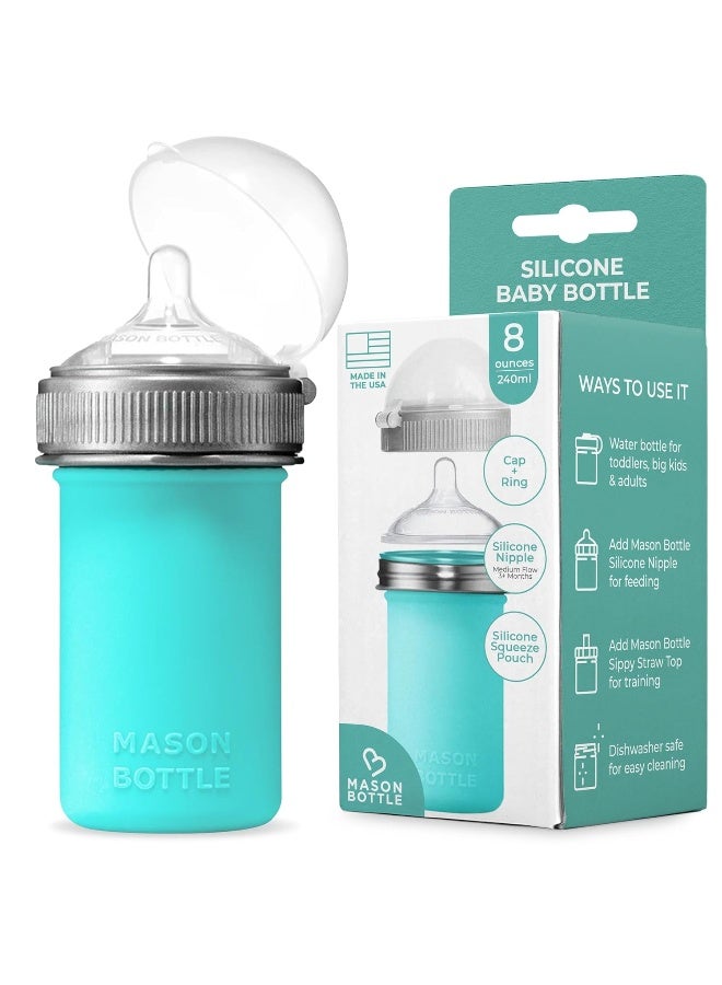 Mason Bottle 8oz Silicone Baby Bottle with Medium Flow Nipple (3+ Months) – Breastfeeding Bottle, Reusable Silicone Squeeze Pouch – BPA & BPS-Free, Non-Toxic, Made in USA (Teal) - Image 1