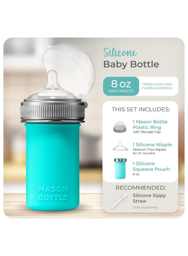 Mason Bottle 8oz Silicone Baby Bottle with Medium Flow Nipple (3+ Months) – Breastfeeding Bottle, Reusable Silicone Squeeze Pouch – BPA & BPS-Free, Non-Toxic, Made in USA (Teal) - Image 2