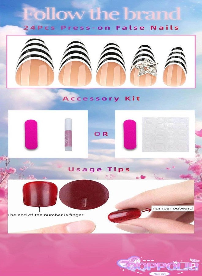 QQPPOLIU Stiletto Press on Nails Long Almond Shape With White and Black French Tips Design Nude Base Nail for Women and Girls 24pcs - Image 2