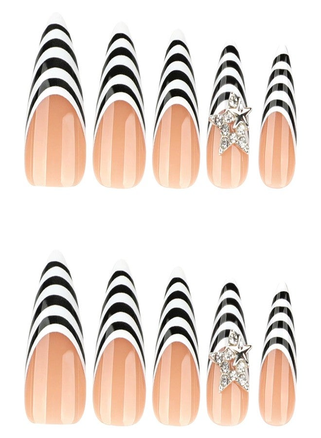 QQPPOLIU Stiletto Press on Nails Long Almond Shape With White and Black French Tips Design Nude Base Nail for Women and Girls 24pcs - Image 3