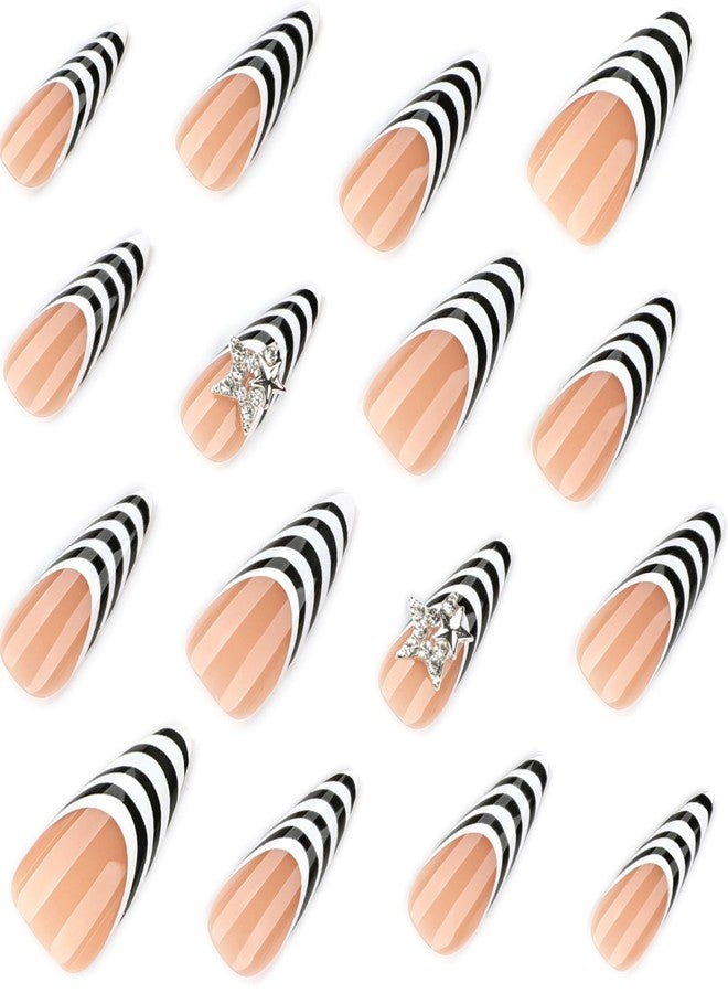 QQPPOLIU Stiletto Press on Nails Long Almond Shape With White and Black French Tips Design Nude Base Nail for Women and Girls 24pcs - Image 4