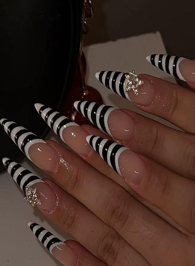 QQPPOLIU Stiletto Press on Nails Long Almond Shape With White and Black French Tips Design Nude Base Nail for Women and Girls 24pcs - Image 1