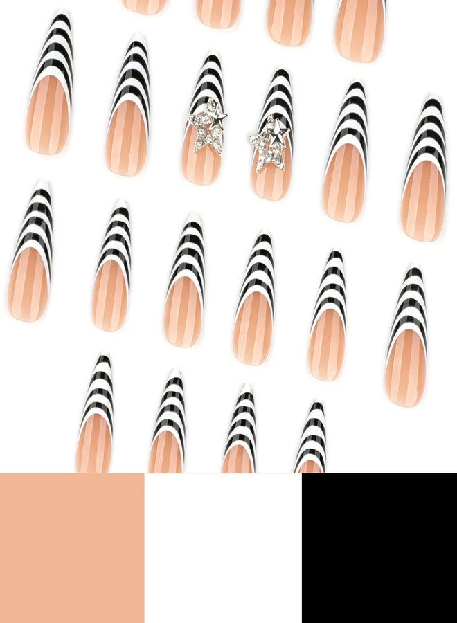 QQPPOLIU Stiletto Press on Nails Long Almond Shape With White and Black French Tips Design Nude Base Nail for Women and Girls 24pcs - Image 5