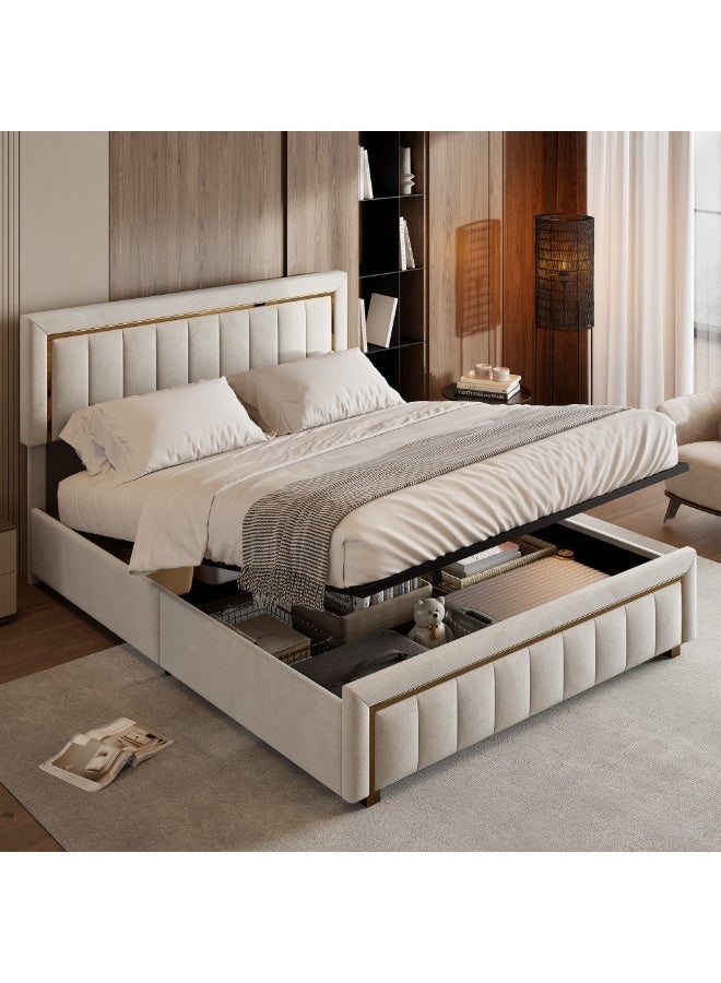 Al Zakharef Furniture Tanikia Hydraulic Storage Bed – King Size 180x200 cm – Beige – Velvet Fabric – Lift-Up Storage Base – Elegant Modern Headboard - Image 2