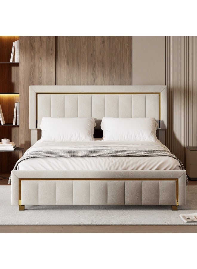 Al Zakharef Furniture Tanikia Hydraulic Storage Bed – King Size 180x200 cm – Beige – Velvet Fabric – Lift-Up Storage Base – Elegant Modern Headboard - Image 1
