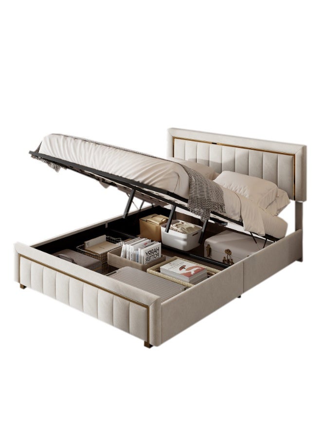 Al Zakharef Furniture Tanikia Hydraulic Storage Bed – King Size 180x200 cm – Beige – Velvet Fabric – Lift-Up Storage Base – Elegant Modern Headboard - Image 5